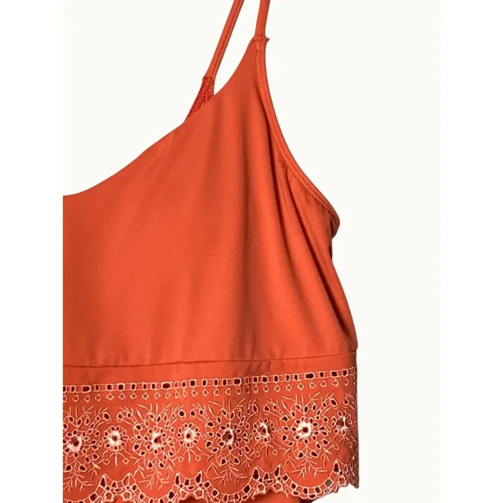 Women’s Tankini Swim Top Coral Pink Eyelet Lace Ruffle Padded Strappy 14”